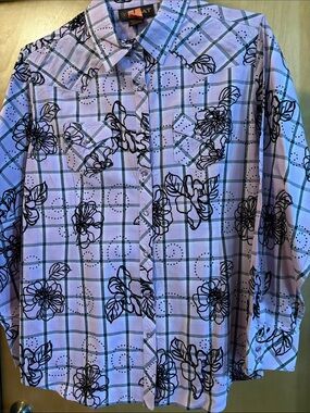Ariat Lavender and Black Plaid Button-Down Shirt; Size XXL